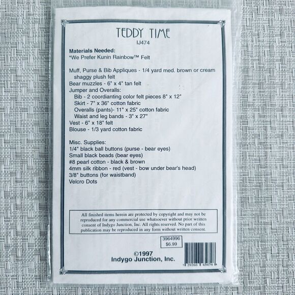 Indygo Junction Teddy Time 16"-18" Doll Clothes Pattern Overalls Jumper Purse - Picture 2 of 2